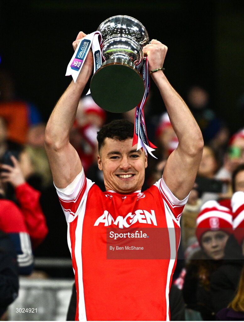 19 January 2025; Peter Duffy of Cuala lifts the Andy Merrigan Cup after their side's victory in the the AIB GAA Football All-Ireland Senior Club Championship final match between Cuala and Errigal Ciarán at Croke Park in Dublin. Photo by Ben McShane/Sportsfile