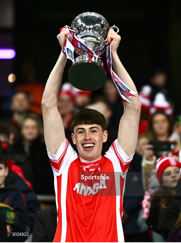 19 January 2025; Shane Mangan of Cuala lifts the Andy Merrigan Cup after their side's victory in the the AIB GAA Football All-Ireland Senior Club Championship final match between Cuala and Errigal Ciarán at Croke Park in Dublin. Photo by Ben McShane/Sportsfile