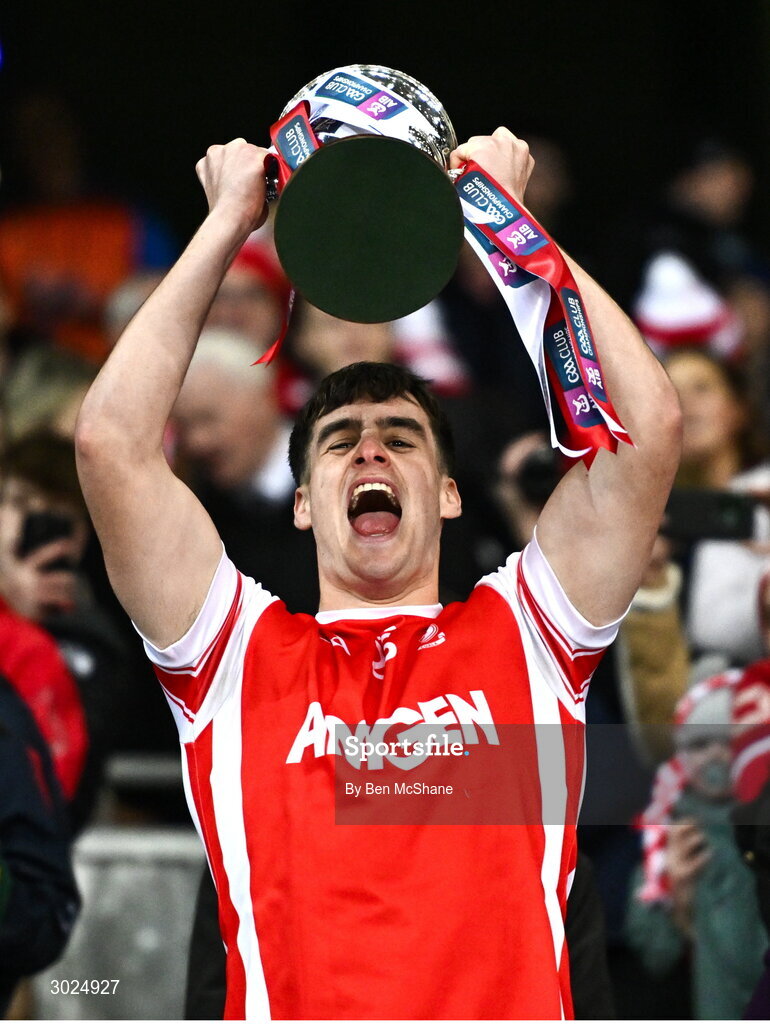 19 January 2025; Aodhan English of Cuala lifts the Andy Merrigan Cup after their side's victory in the the AIB GAA Football All-Ireland Senior Club Championship final match between Cuala and Errigal Ciarán at Croke Park in Dublin. Photo by Ben McShane/Sportsfile
