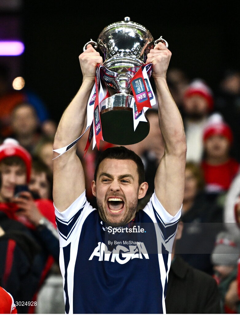 19 January 2025; Cuala goalkeeper Ryan Scollard lifts the Andy Merrigan Cup after their side's victory in the the AIB GAA Football All-Ireland Senior Club Championship final match between Cuala and Errigal Ciarán at Croke Park in Dublin. Photo by Ben McShane/Sportsfile