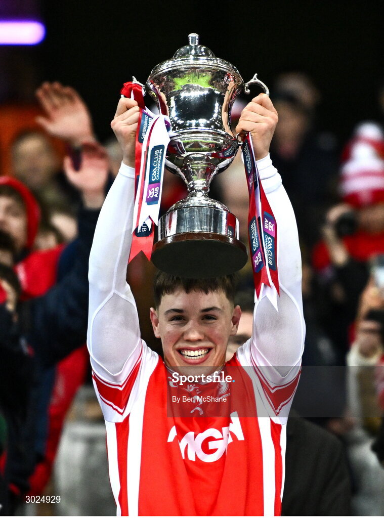 19 January 2025; Conor Groarke of Cuala lifts the Andy Merrigan Cup after their side's victory in the the AIB GAA Football All-Ireland Senior Club Championship final match between Cuala and Errigal Ciarán at Croke Park in Dublin. Photo by Ben McShane/Sportsfile