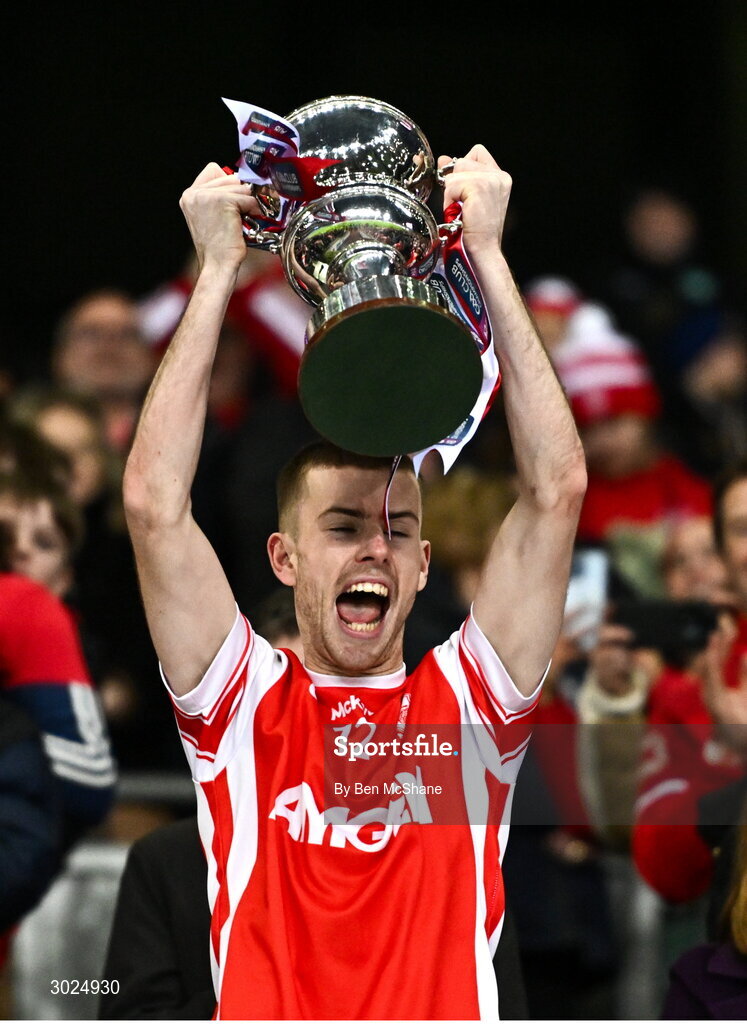 19 January 2025; Cal Doran of Cuala lifts the Andy Merrigan Cup after their side's victory in the the AIB GAA Football All-Ireland Senior Club Championship final match between Cuala and Errigal Ciarán at Croke Park in Dublin. Photo by Ben McShane/Sportsfile