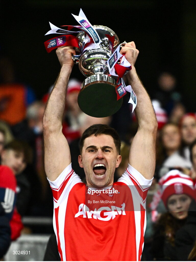 19 January 2025; Jamie Keenan of Cuala lifts the Andy Merrigan Cup after their side's victory in the the AIB GAA Football All-Ireland Senior Club Championship final match between Cuala and Errigal Ciarán at Croke Park in Dublin. Photo by Ben McShane/Sportsfile