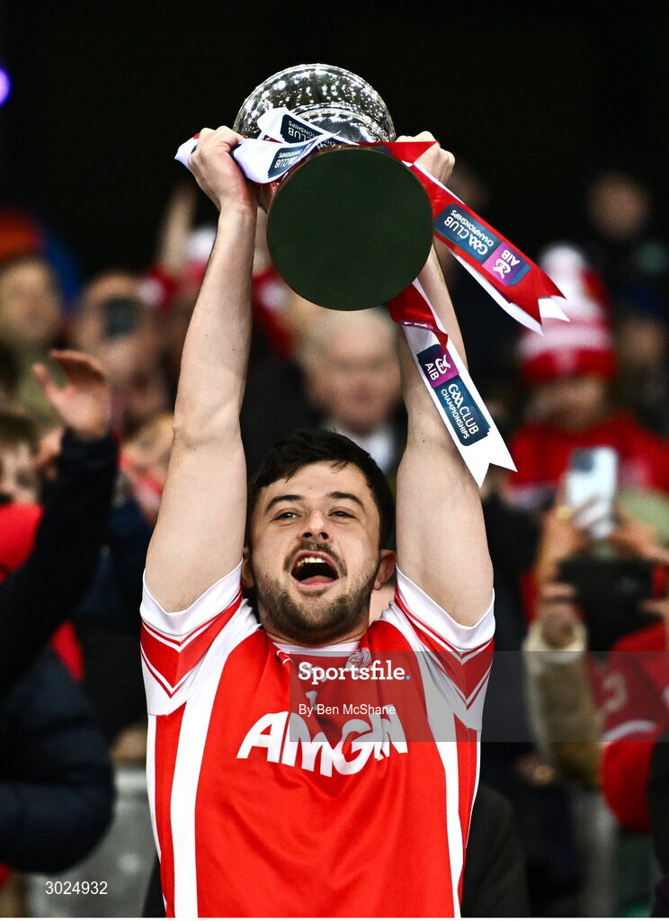 19 January 2025; Conor O'Brien of Cuala lifts the Andy Merrigan Cup after their side's victory in the the AIB GAA Football All-Ireland Senior Club Championship final match between Cuala and Errigal Ciarán at Croke Park in Dublin. Photo by Ben McShane/Sportsfile