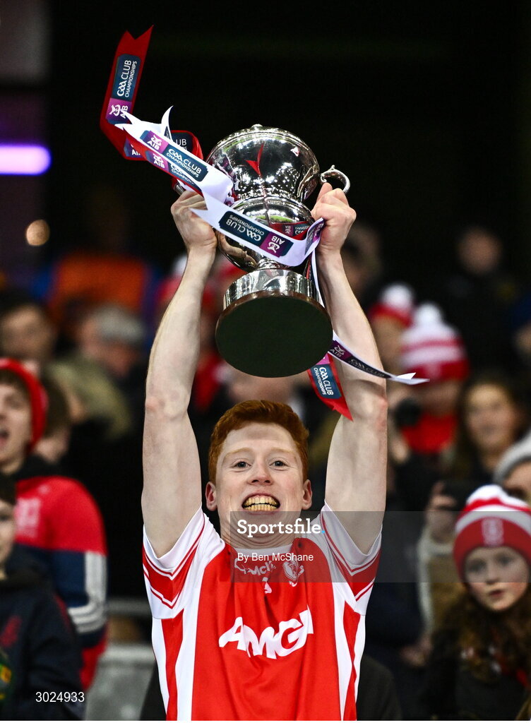 19 January 2025; Michael Conroy of Cuala lifts the Andy Merrigan Cup after their side's victory in the the AIB GAA Football All-Ireland Senior Club Championship final match between Cuala and Errigal Ciarán at Croke Park in Dublin. Photo by Ben McShane/Sportsfile