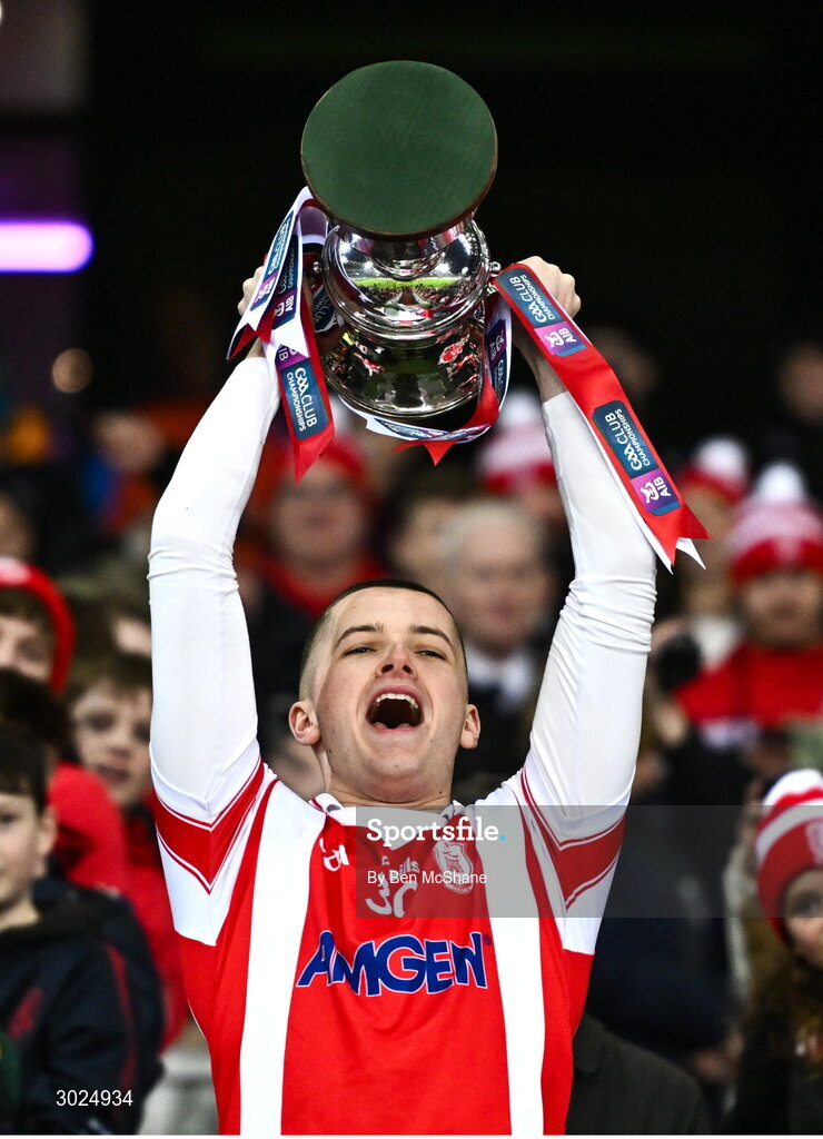 19 January 2025; Daragh McAdam of Cuala lifts the Andy Merrigan Cup after their side's victory in the the AIB GAA Football All-Ireland Senior Club Championship final match between Cuala and Errigal Ciarán at Croke Park in Dublin. Photo by Ben McShane/Sportsfile