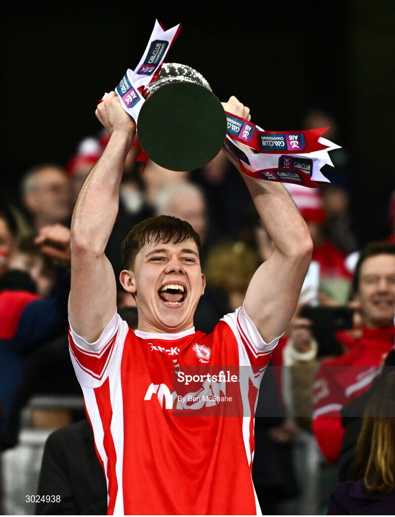 19 January 2025; Charlie McMorrow of Cuala lifts the Andy Merrigan Cup after their side's victory in the the AIB GAA Football All-Ireland Senior Club Championship final match between Cuala and Errigal Ciarán at Croke Park in Dublin. Photo by Ben McShane/Sportsfile