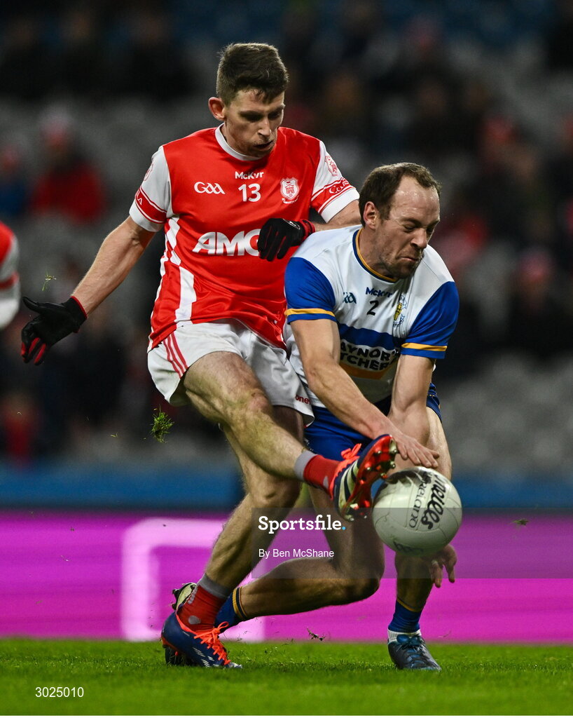 19 January 2025; Ciaran Quinn of Errigal Ciarán blocks the goal chance of Luke Keating of Cuala during the AIB GAA Football All-Ireland Senior Club Championship final match between Cuala and Errigal Ciarán at Croke Park in Dublin. Photo by Ben McShane/Sportsfile