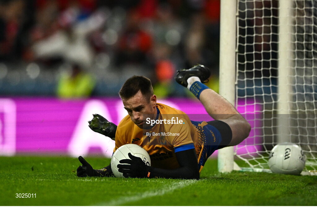 19 January 2025; Errigal Ciarán goalkeeper Darragh McAnenly makes a save during the AIB GAA Football All-Ireland Senior Club Championship final match between Cuala and Errigal Ciarán at Croke Park in Dublin. Photo by Ben McShane/Sportsfile