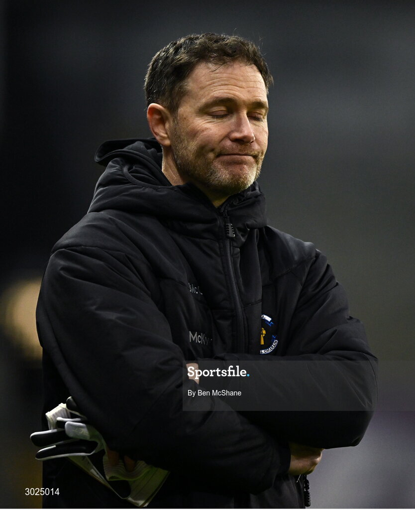 19 January 2025; Errigal Ciarán manager Enda McGinley reacts late on during the AIB GAA Football All-Ireland Senior Club Championship final match between Cuala and Errigal Ciarán at Croke Park in Dublin. Photo by Ben McShane/Sportsfile