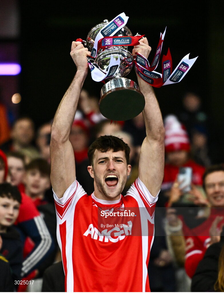 19 January 2025; Cillian Dunne of Cuala lifts the Andy Merrigan Cup after their side's victory in the the AIB GAA Football All-Ireland Senior Club Championship final match between Cuala and Errigal Ciarán at Croke Park in Dublin. Photo by Ben McShane/Sportsfile