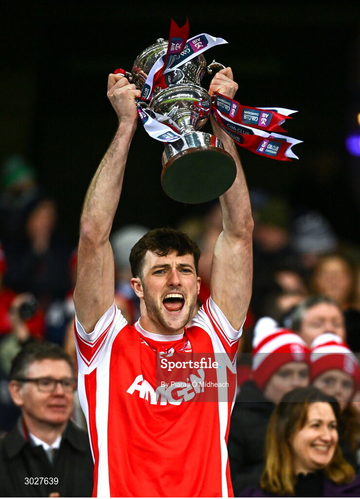 19 January 2025; Cillian Dunne of Cuala lifts the Andy Merrigan Cup after his side's victory in the AIB GAA Football All-Ireland Senior Club Championship final match between Cuala and Errigal Ciarán at Croke Park in Dublin. Photo by Piaras Ó Mídheach/Sportsfile