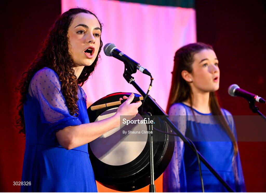 25 January 2025; The Clann na nGael team, including Bláthnaid Ní Dheoráin, Líle Ní Labhraí, Seoidín Marsden, Cáit Ní Labhraí and Enya Ní Dheoráin, representing Armagh and Ulster, in the Bailéad-Ghrúpa competition during the Scór na nÓg 2024-25 All-Ireland Finals at the Hillgrove Hotel, Monaghan. Photo by Shauna Clinton/Sportsfile