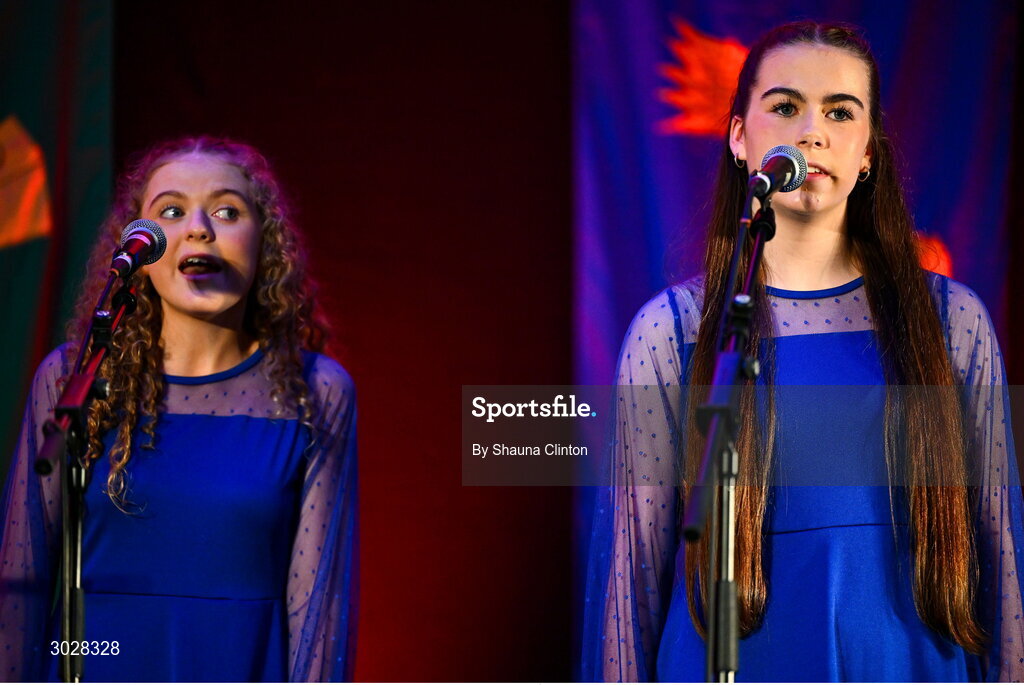 25 January 2025; The Clann na nGael team, including Bláthnaid Ní Dheoráin, Líle Ní Labhraí, Seoidín Marsden, Cáit Ní Labhraí and Enya Ní Dheoráin, representing Armagh and Ulster, in the Bailéad-Ghrúpa competition during the Scór na nÓg 2024-25 All-Ireland Finals at the Hillgrove Hotel, Monaghan. Photo by Shauna Clinton/Sportsfile