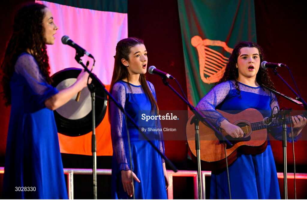 25 January 2025; The Clann na nGael team, including Bláthnaid Ní Dheoráin, Líle Ní Labhraí, Seoidín Marsden, Cáit Ní Labhraí and Enya Ní Dheoráin, representing Armagh and Ulster, in the Bailéad-Ghrúpa competition during the Scór na nÓg 2024-25 All-Ireland Finals at the Hillgrove Hotel, Monaghan. Photo by Shauna Clinton/Sportsfile