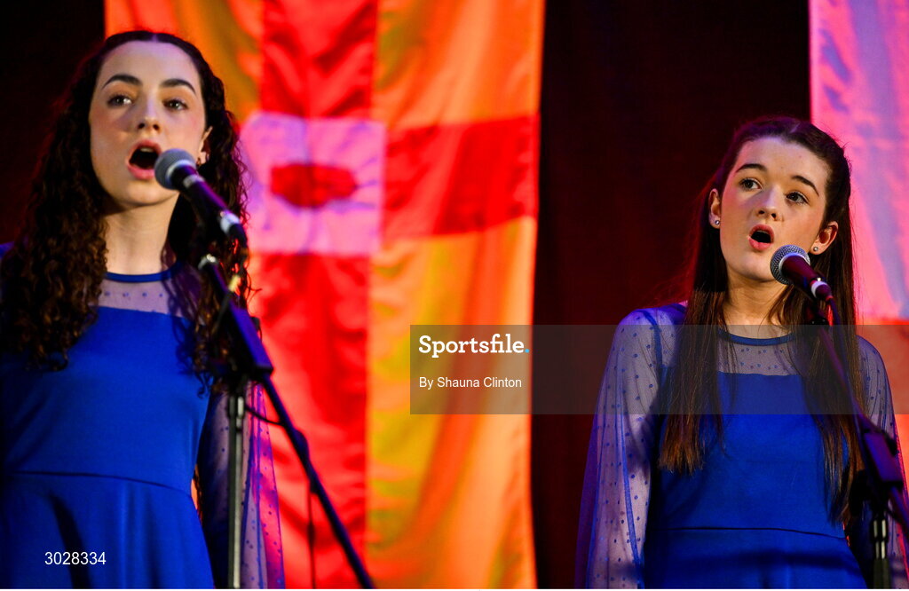 25 January 2025; The Clann na nGael team, including Bláthnaid Ní Dheoráin, Líle Ní Labhraí, Seoidín Marsden, Cáit Ní Labhraí and Enya Ní Dheoráin, representing Armagh and Ulster, in the Bailéad-Ghrúpa competition during the Scór na nÓg 2024-25 All-Ireland Finals at the Hillgrove Hotel, Monaghan. Photo by Shauna Clinton/Sportsfile