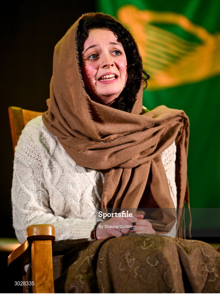 25 January 2025; Alanna Nic Carrghamhna of Na Dúnta, representing Westmeath and Leinster, in the Aithriseoireacht/ Scéalaíocht competition during the Scór na nÓg 2024-25 All-Ireland Finals at the Hillgrove Hotel, Monaghan. Photo by Shauna Clinton/Sportsfile