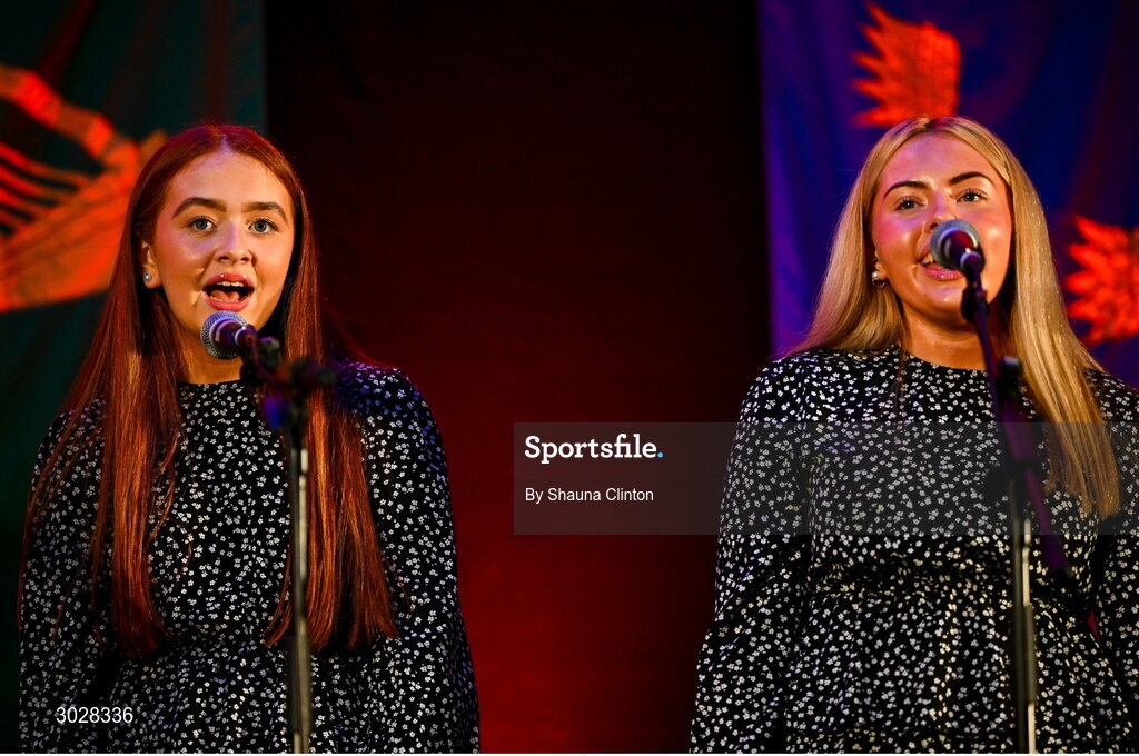 25 January 2025; The An Móta Uile-Bhán team, including Katie Creggy, Hannah Martin, Emma Keane, Hannah Higgins and Corey Browne, representing Westmeath and Leinster, in the Bailéad-Ghrúpa competition during the Scór na nÓg 2024-25 All-Ireland Finals at the Hillgrove Hotel, Monaghan. Photo by Shauna Clinton/Sportsfile