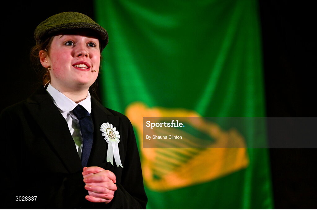 25 January 2025; Muireann Ní Mhuirthile of Beal Átha an Cheasaigh, representing Cork and Munster, in the Aithriseoireacht/ Scéalaíocht competition during the Scór na nÓg 2024-25 All-Ireland Finals at the Hillgrove Hotel, Monaghan. Photo by Shauna Clinton/Sportsfile