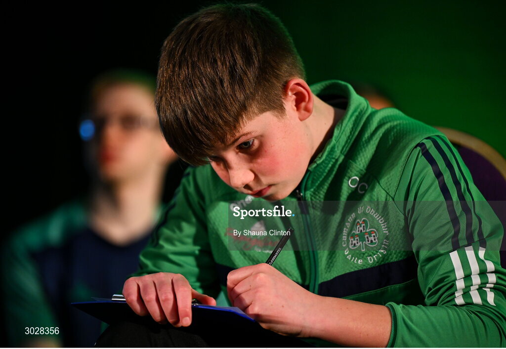 25 January 2025; The Cumann Uí Dhuibhir team, including Tadhg Ó Cionnaith, Shannon Byrne, Sarah Hughes and Oisín Coone, representing Dublin and Leinster, in the Tráth na gCeist competition during the Scór na nÓg 2024-25 All-Ireland Finals at the Hillgrove Hotel, Monaghan. Photo by Shauna Clinton/Sportsfile