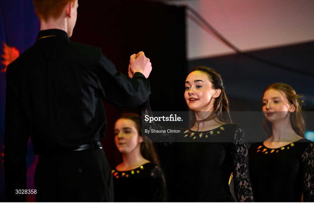 25 January 2025; The CLG An Baile Mór team, including Sara Jane Sheridan, Cadhlagh Browne, Chantel Higgins, Erin Flynn, Saidbh Flynn, Róisín Grant, Aoibhe Lynch and Róisín Greene, representing Longford and Leinster, in the Rince Foirne competition during the Scór na nÓg 2024-25 All-Ireland Finals at the Hillgrove Hotel, Monaghan. Photo by Shauna Clinton/Sportsfile