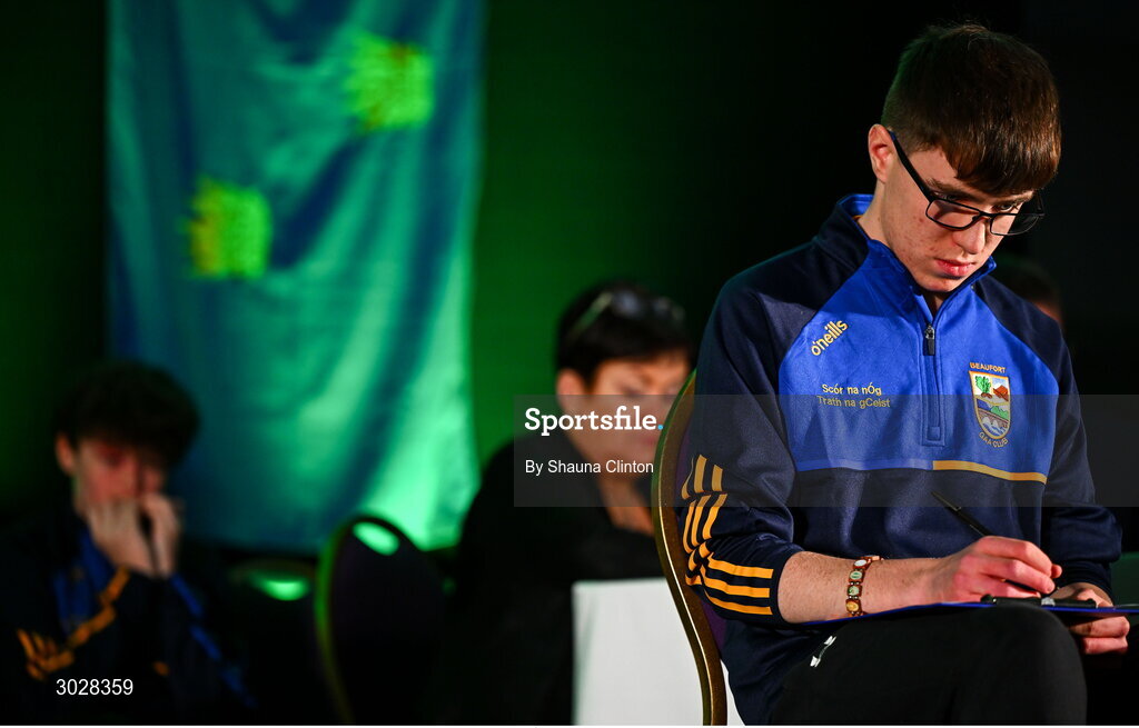 25 January 2025; The Lios an Phúca team, including Cormac O Sullivan, Fionn O Sullivan, Darragh Doyle and Colm Galvin, representing Kerry and Munster, in the Tráth na gCeist competition during the Scór na nÓg 2024-25 All-Ireland Finals at the Hillgrove Hotel, Monaghan. Photo by Shauna Clinton/Sportsfile