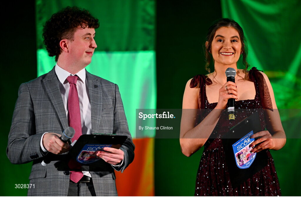 25 January 2025; Fear an Tí Ethan Mac Né, left, and Bean an Tí Bláthnaid Ní Dhálaigh during the Scór na nÓg 2024-25 All-Ireland Finals at the Hillgrove Hotel, Monaghan. Photo by Shauna Clinton/Sportsfile