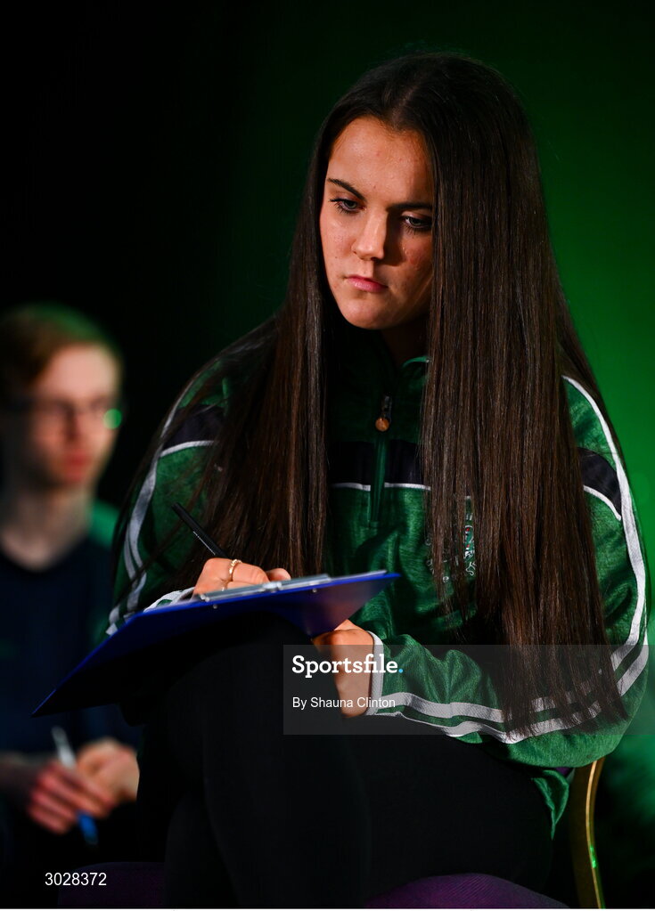 25 January 2025; The Cumann Uí Dhuibhir team, including Tadhg Ó Cionnaith, Shannon Byrne, Sarah Hughes and Oisín Coone, representing Dublin and Leinster, in the Tráth na gCeist competition during the Scór na nÓg 2024-25 All-Ireland Finals at the Hillgrove Hotel, Monaghan. Photo by Shauna Clinton/Sportsfile