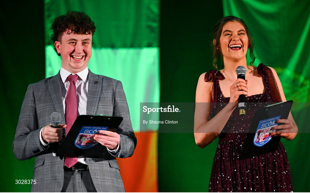 25 January 2025; Fear an Tí Ethan Mac Né, left, and Bean an Tí Bláthnaid Ní Dhálaigh during the Scór na nÓg 2024-25 All-Ireland Finals at the Hillgrove Hotel, Monaghan. Photo by Shauna Clinton/Sportsfile