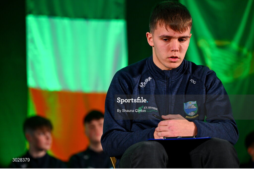 25 January 2025; The Naomh Columba team, including Fearghaill Ó Gadhra, Oisin Mac Giolla Easpaig, Laoise Nic Fhionn and Liam Ó hArdaigh, representing Donegal and Ulster, in the Tráth na gCeist competition during the Scór na nÓg 2024-25 All-Ireland Finals at the Hillgrove Hotel, Monaghan. Photo by Shauna Clinton/Sportsfile