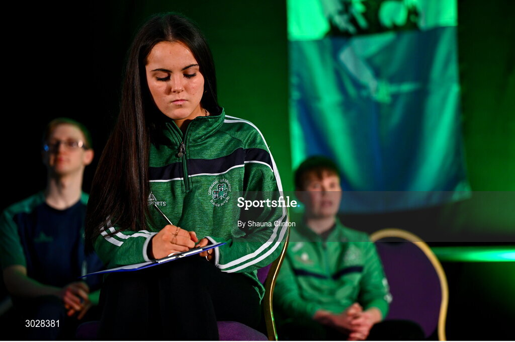 25 January 2025; The Cumann Uí Dhuibhir team, including Tadhg Ó Cionnaith, Shannon Byrne, Sarah Hughes and Oisín Coone, representing Dublin and Leinster, in the Tráth na gCeist competition during the Scór na nÓg 2024-25 All-Ireland Finals at the Hillgrove Hotel, Monaghan. Photo by Shauna Clinton/Sportsfile