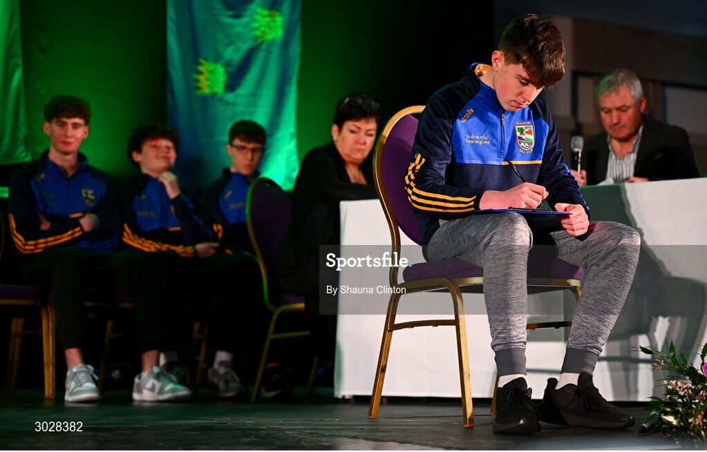 25 January 2025; The Lios an Phúca team, including Cormac O Sullivan, Fionn O Sullivan, Darragh Doyle and Colm Galvin, representing Kerry and Munster, in the Tráth na gCeist competition during the Scór na nÓg 2024-25 All-Ireland Finals at the Hillgrove Hotel, Monaghan. Photo by Shauna Clinton/Sportsfile