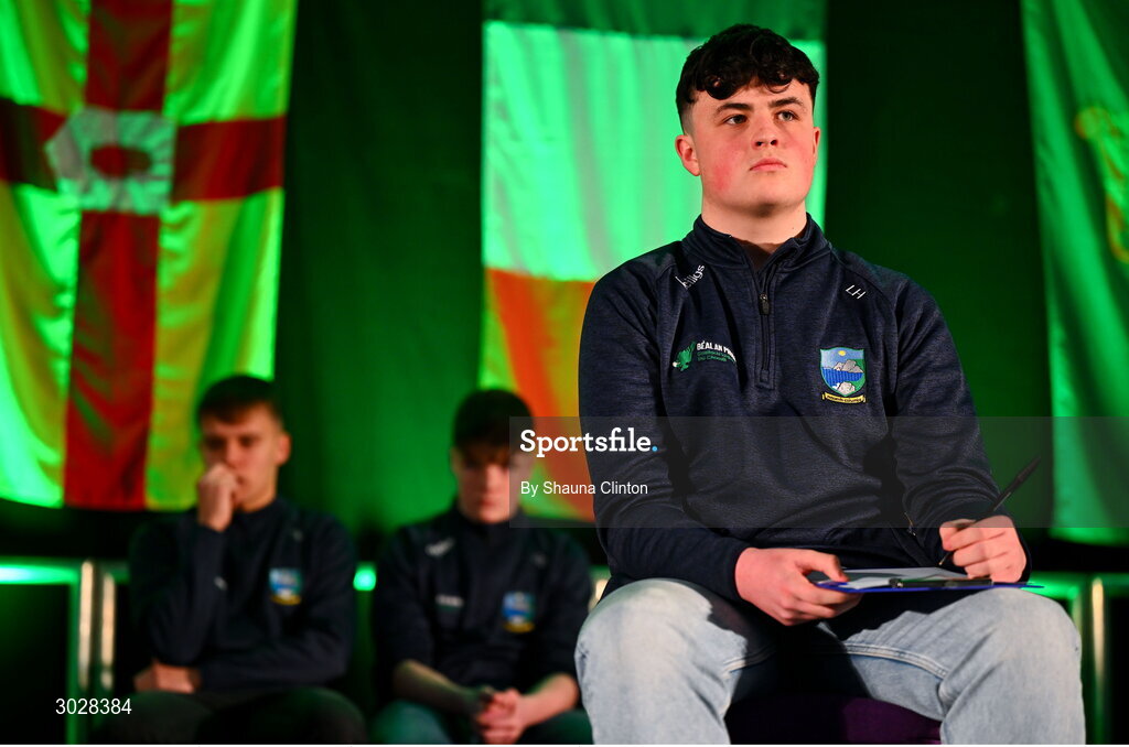 25 January 2025; The Naomh Columba team, including Fearghaill Ó Gadhra, Oisin Mac Giolla Easpaig, Laoise Nic Fhionn and Liam Ó hArdaigh, representing Donegal and Ulster, in the Tráth na gCeist competition during the Scór na nÓg 2024-25 All-Ireland Finals at the Hillgrove Hotel, Monaghan. Photo by Shauna Clinton/Sportsfile