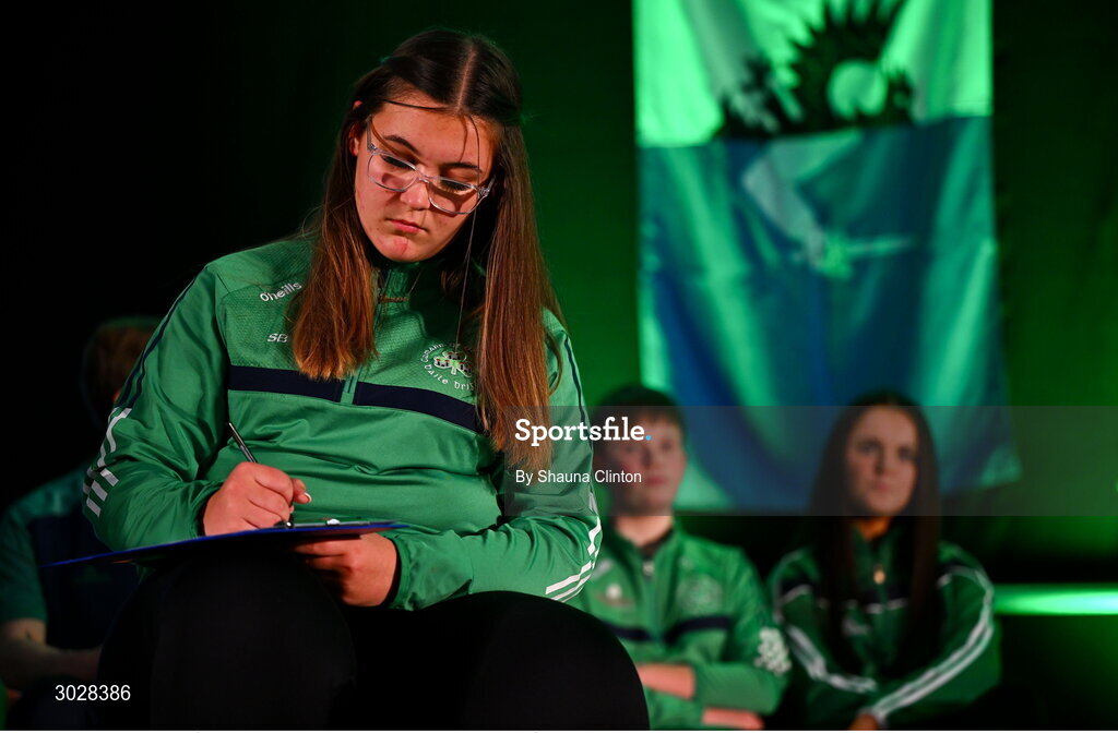 25 January 2025; The Cumann Uí Dhuibhir team, including Tadhg Ó Cionnaith, Shannon Byrne, Sarah Hughes and Oisín Coone, representing Dublin and Leinster, in the Tráth na gCeist competition during the Scór na nÓg 2024-25 All-Ireland Finals at the Hillgrove Hotel, Monaghan. Photo by Shauna Clinton/Sportsfile