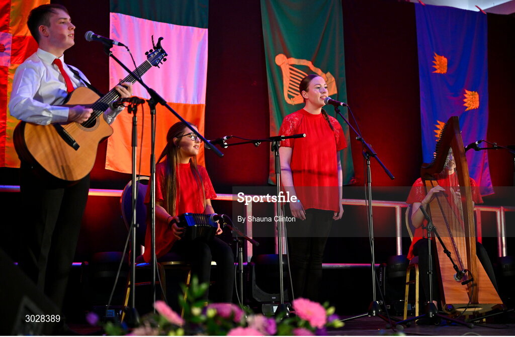 25 January 2025; The CLG Daibhéid na Muaidhe team, including Conor Fox, Niamh Doherty, Shona Fox, Laoise Doherty and Clodagh Timlin, representing Mayo and Connacht, in the Bailéad-Ghrúpa competition during the Scór na nÓg 2024-25 All-Ireland Finals at the Hillgrove Hotel, Monaghan. Photo by Shauna Clinton/Sportsfile