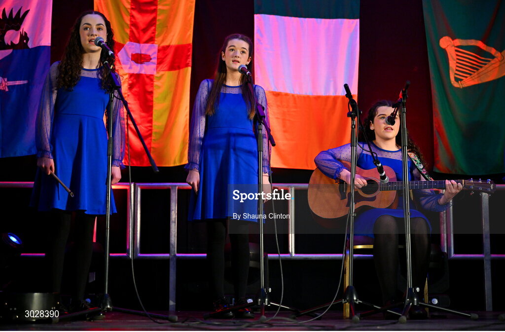 25 January 2025; The Clann na nGael team, including Bláthnaid Ní Dheoráin, Líle Ní Labhraí, Seoidín Marsden, Cáit Ní Labhraí and Enya Ní Dheoráin, representing Armagh and Ulster, in the Bailéad-Ghrúpa competition during the Scór na nÓg 2024-25 All-Ireland Finals at the Hillgrove Hotel, Monaghan. Photo by Shauna Clinton/Sportsfile