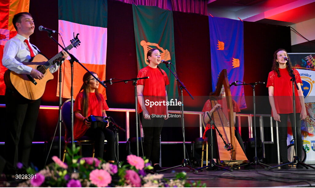 25 January 2025; The CLG Daibhéid na Muaidhe team, including Conor Fox, Niamh Doherty, Shona Fox, Laoise Doherty and Clodagh Timlin, representing Mayo and Connacht, in the Bailéad-Ghrúpa competition during the Scór na nÓg 2024-25 All-Ireland Finals at the Hillgrove Hotel, Monaghan. Photo by Shauna Clinton/Sportsfile