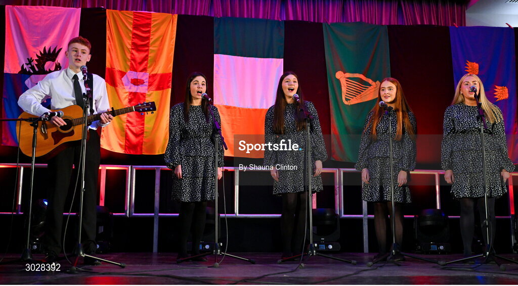 25 January 2025; The An Móta Uile-Bhán team, including Katie Creggy, Hannah Martin, Emma Keane, Hannah Higgins and Corey Browne, representing Westmeath and Leinster, in the Bailéad-Ghrúpa competition during the Scór na nÓg 2024-25 All-Ireland Finals at the Hillgrove Hotel, Monaghan. Photo by Shauna Clinton/Sportsfile
