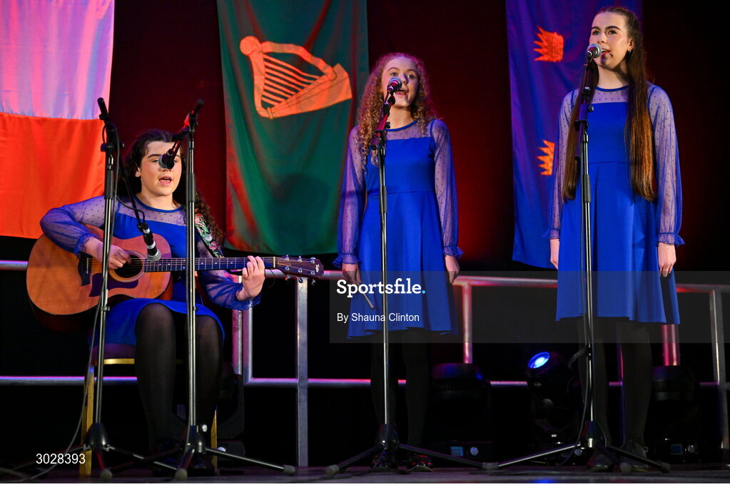 25 January 2025; The Clann na nGael team, including Bláthnaid Ní Dheoráin, Líle Ní Labhraí, Seoidín Marsden, Cáit Ní Labhraí and Enya Ní Dheoráin, representing Armagh and Ulster, in the Bailéad-Ghrúpa competition during the Scór na nÓg 2024-25 All-Ireland Finals at the Hillgrove Hotel, Monaghan. Photo by Shauna Clinton/Sportsfile