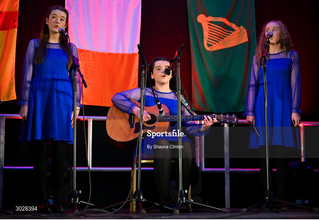 25 January 2025; The Clann na nGael team, including Bláthnaid Ní Dheoráin, Líle Ní Labhraí, Seoidín Marsden, Cáit Ní Labhraí and Enya Ní Dheoráin, representing Armagh and Ulster, in the Bailéad-Ghrúpa competition during the Scór na nÓg 2024-25 All-Ireland Finals at the Hillgrove Hotel, Monaghan. Photo by Shauna Clinton/Sportsfile