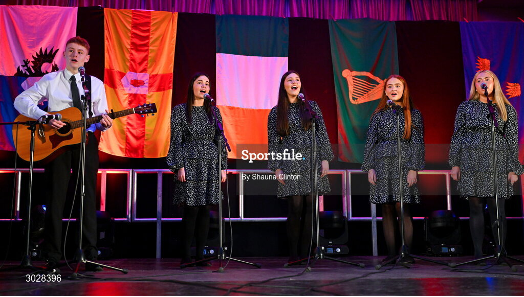 25 January 2025; The An Móta Uile-Bhán team, including Katie Creggy, Hannah Martin, Emma Keane, Hannah Higgins and Corey Browne, representing Westmeath and Leinster, in the Bailéad-Ghrúpa competition during the Scór na nÓg 2024-25 All-Ireland Finals at the Hillgrove Hotel, Monaghan. Photo by Shauna Clinton/Sportsfile
