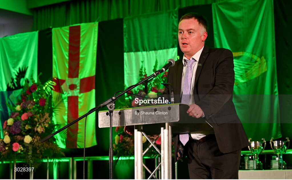 25 January 2025; Oifigeach Forbartha Gaeilge Jamie Ó Tuama during the Scór na nÓg 2024-25 All-Ireland Finals at the Hillgrove Hotel, Monaghan. Photo by Shauna Clinton/Sportsfile