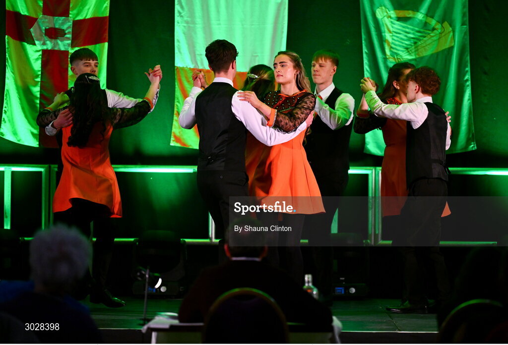 25 January 2025; The Na Dúnta team, including Aaron Connaire, Órla Rijksen, Leah Bardon, Billy Carroll, Bailey Shiels, Caleb Shiels, Conor Cleary and Ellen Connaire, representing Westmeath and Leinster, in the Rince Seit competition during the Scór na nÓg 2024-25 All-Ireland Finals at the Hillgrove Hotel, Monaghan. Photo by Shauna Clinton/Sportsfile