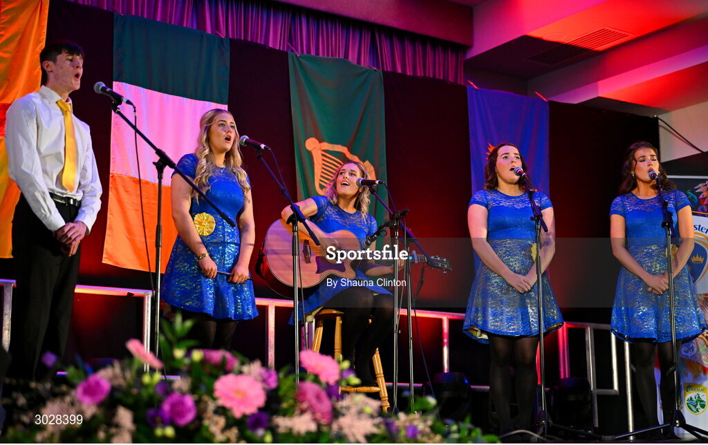 25 January 2025; The Gleann Fleisce team, including Aoise O Donoghue, Muireann Healy, Abbey Cronin, Cliona Moynihan and Patrick Mullane, representing Kerry and Munster, in the Bailéad-Ghrúpa competition during the Scór na nÓg 2024-25 All-Ireland Finals at the Hillgrove Hotel, Monaghan. Photo by Shauna Clinton/Sportsfile