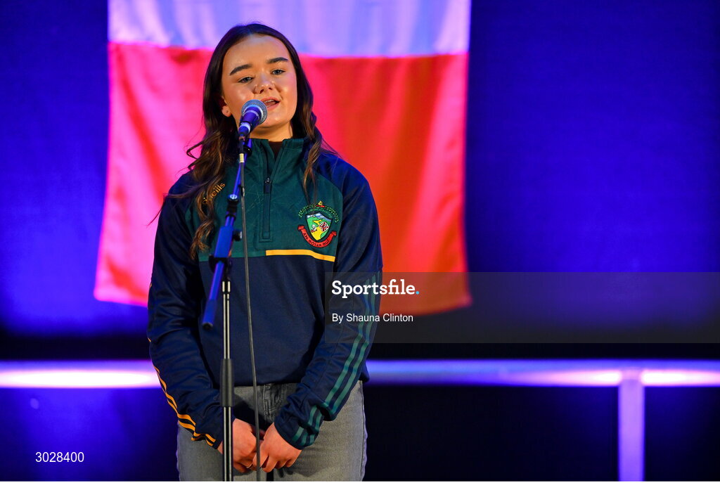 25 January 2025; Donna Ní Mhuineacháin of An Bóthar Buí, representing Cork and Munster, in the Amhránaíocht Aonair competition during the Scór na nÓg 2024-25 All-Ireland Finals at the Hillgrove Hotel, Monaghan. Photo by Shauna Clinton/Sportsfile