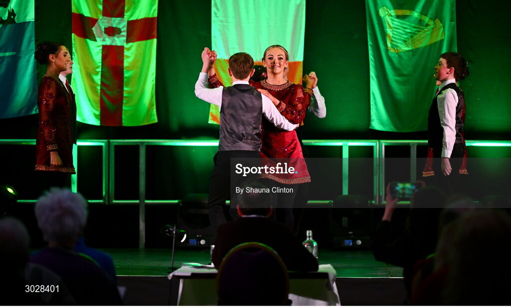 25 January 2025; The Mainistir Chnoc Muaidhe team, including Jack Gildea, Daisy Nolan, Hannah Walsh, Ava Loughnane, Ben McNama, Sean McDermott, Emmett Dooley and Ruairi Concannon, representing Galway and Connacht, in the Rince Seit competition during the Scór na nÓg 2024-25 All-Ireland Finals at the Hillgrove Hotel, Monaghan. Photo by Shauna Clinton/Sportsfile