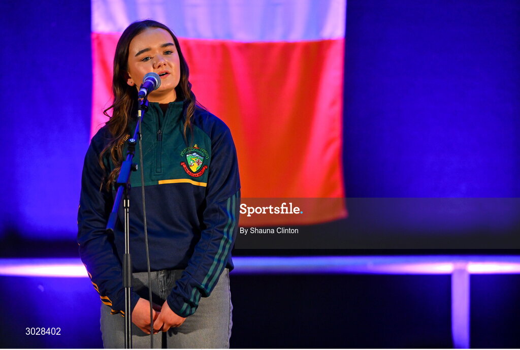 25 January 2025; Donna Ní Mhuineacháin of An Bóthar Buí, representing Cork and Munster, in the Amhránaíocht Aonair competition during the Scór na nÓg 2024-25 All-Ireland Finals at the Hillgrove Hotel, Monaghan. Photo by Shauna Clinton/Sportsfile