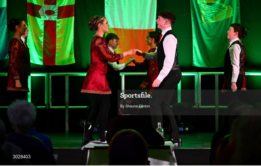 25 January 2025; The Mainistir Chnoc Muaidhe team, including Jack Gildea, Daisy Nolan, Hannah Walsh, Ava Loughnane, Ben McNama, Sean McDermott, Emmett Dooley and Ruairi Concannon, representing Galway and Connacht, in the Rince Seit competition during the Scór na nÓg 2024-25 All-Ireland Finals at the Hillgrove Hotel, Monaghan. Photo by Shauna Clinton/Sportsfile