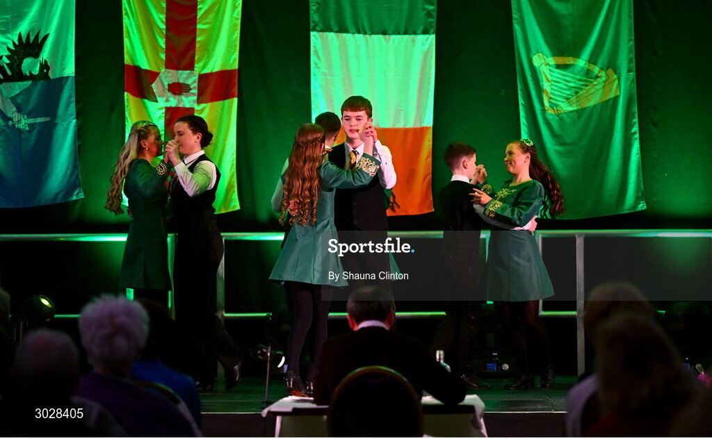 25 January 2025; The CLG Ghleann an Iolair team, including Sé Mac Maoláin, Oisín Mac Maoláin, Conall Ó Cainín, Isabella Ní Bhroin, Hannah Ní Dhochartaigh, Sophie Ní Uiginn, Sinéad Ní Chluasaigh and Aoibhin Ní Chluasaigh, representing Derry and Ulster, in the Rince Seit competition during the Scór na nÓg 2024-25 All-Ireland Finals at the Hillgrove Hotel, Monaghan. Photo by Shauna Clinton/Sportsfile