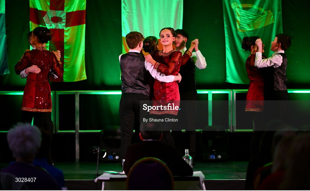 25 January 2025; The Mainistir Chnoc Muaidhe team, including Jack Gildea, Daisy Nolan, Hannah Walsh, Ava Loughnane, Ben McNama, Sean McDermott, Emmett Dooley and Ruairi Concannon, representing Galway and Connacht, in the Rince Seit competition during the Scór na nÓg 2024-25 All-Ireland Finals at the Hillgrove Hotel, Monaghan. Photo by Shauna Clinton/Sportsfile